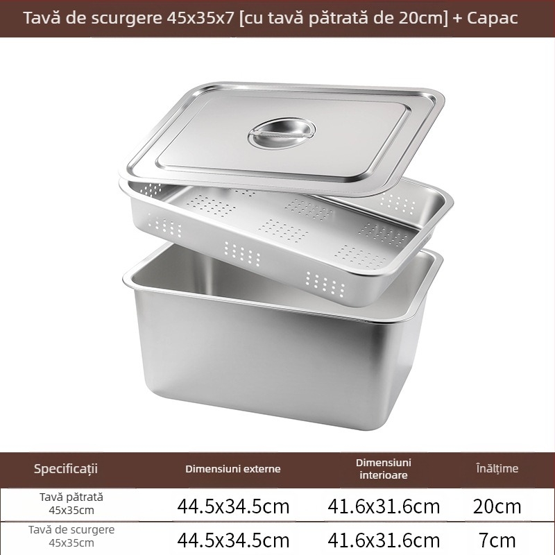 Tavă pătrată cu fund plat din oțel inoxidabil, tavă dreptunghiulară comercială, adâncire, perforare, bazin pătrat, bazin de scurgere, costum, bazin pentru legume prăjite