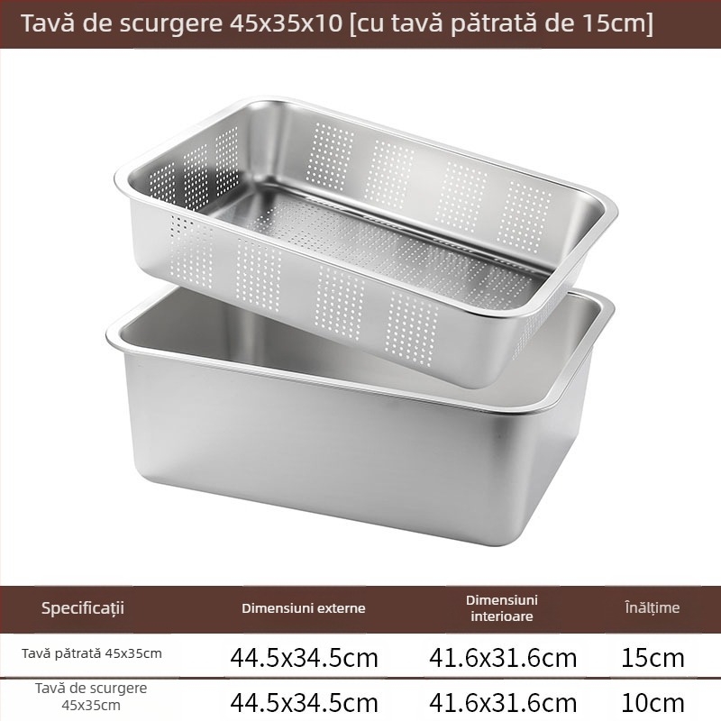 Tavă pătrată cu fund plat din oțel inoxidabil, tavă dreptunghiulară comercială, adâncire, perforare, bazin pătrat, bazin de scurgere, costum, bazin pentru legume prăjite