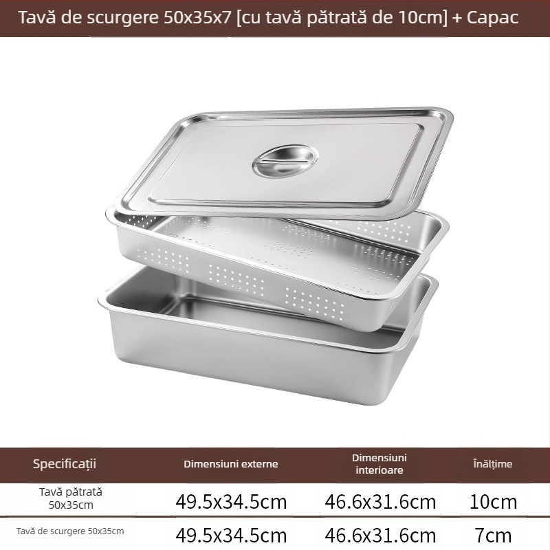 Tavă pătrată cu fund plat din oțel inoxidabil, tavă dreptunghiulară comercială, adâncire, perforare, bazin pătrat, bazin de scurgere, costum, bazin pentru legume prăjite