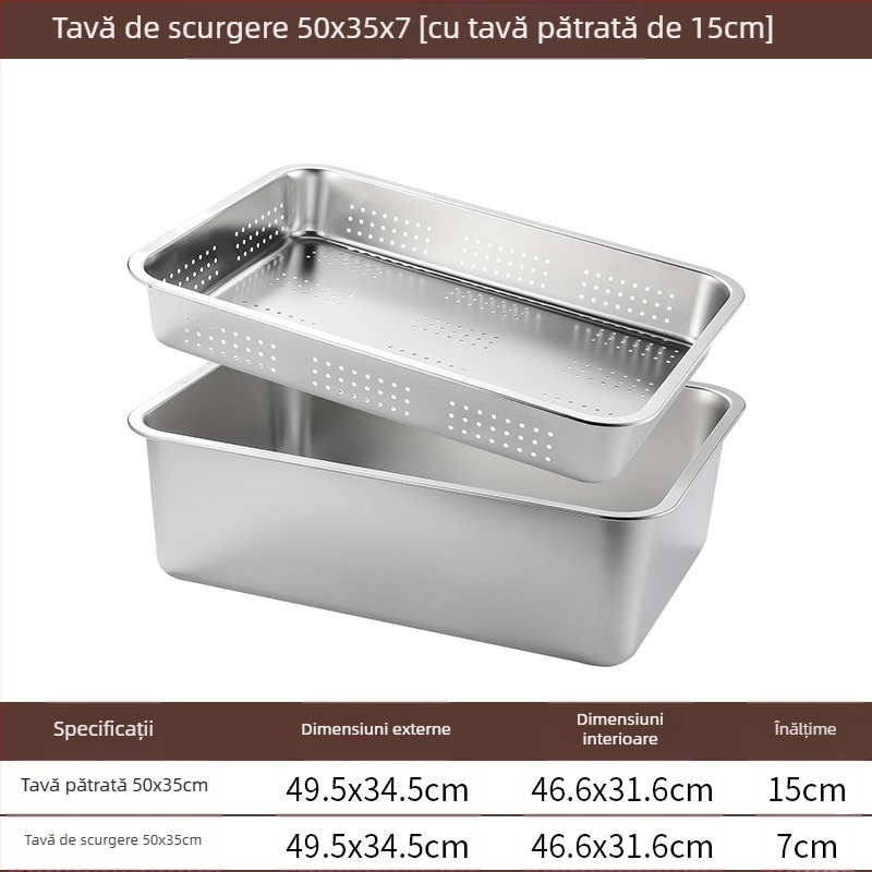 Tavă pătrată cu fund plat din oțel inoxidabil, tavă dreptunghiulară comercială, adâncire, perforare, bazin pătrat, bazin de scurgere, costum, bazin pentru legume prăjite