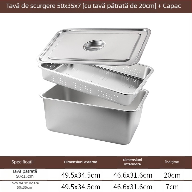 Tavă pătrată cu fund plat din oțel inoxidabil, tavă dreptunghiulară comercială, adâncire, perforare, bazin pătrat, bazin de scurgere, costum, bazin pentru legume prăjite