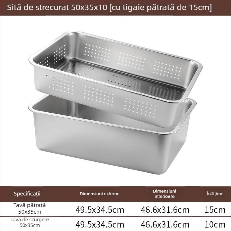 Tavă pătrată cu fund plat din oțel inoxidabil, tavă dreptunghiulară comercială, adâncire, perforare, bazin pătrat, bazin de scurgere, costum, bazin pentru legume prăjite