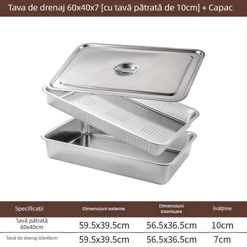 Tavă pătrată cu fund plat din oțel inoxidabil, tavă dreptunghiulară comercială, adâncire, perforare, bazin pătrat, bazin de scurgere, costum, bazin pentru legume prăjite