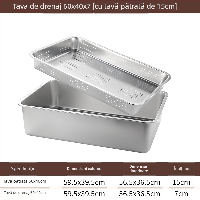Tavă pătrată cu fund plat din oțel inoxidabil, tavă dreptunghiulară comercială, adâncire, perforare, bazin pătrat, bazin de scurgere, costum, bazin pentru legume prăjite