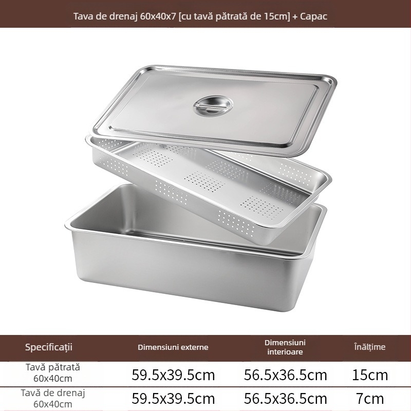 Tavă pătrată cu fund plat din oțel inoxidabil, tavă dreptunghiulară comercială, adâncire, perforare, bazin pătrat, bazin de scurgere, costum, bazin pentru legume prăjite