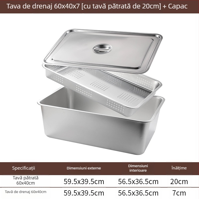 Tavă pătrată cu fund plat din oțel inoxidabil, tavă dreptunghiulară comercială, adâncire, perforare, bazin pătrat, bazin de scurgere, costum, bazin pentru legume prăjite