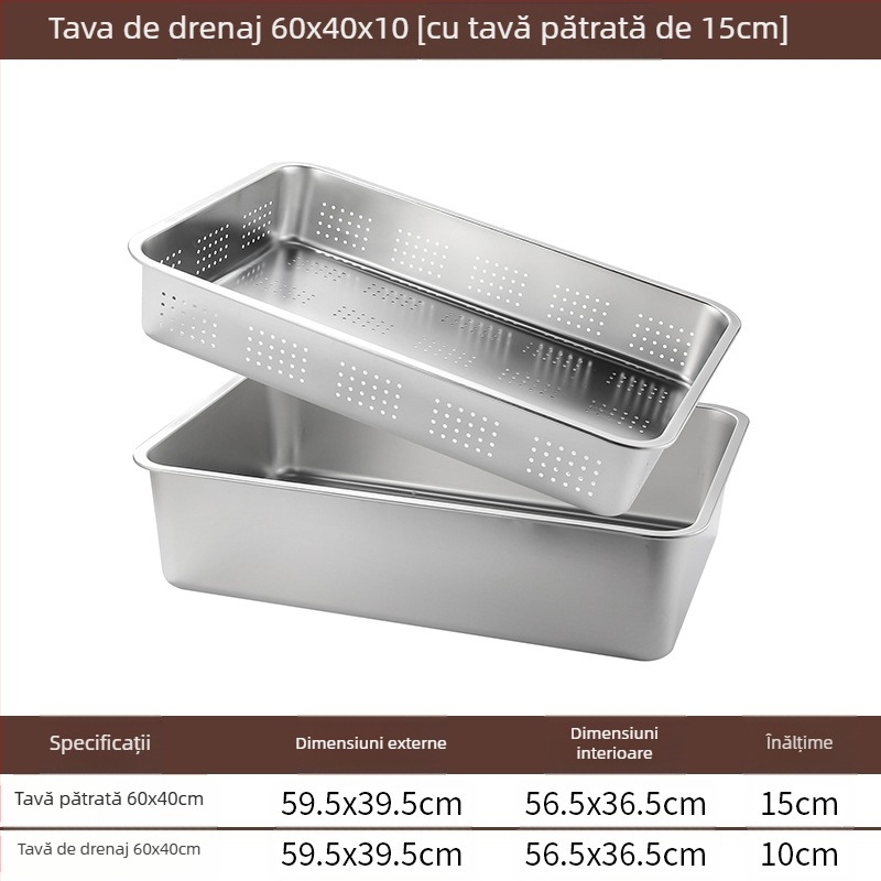Tavă pătrată cu fund plat din oțel inoxidabil, tavă dreptunghiulară comercială, adâncire, perforare, bazin pătrat, bazin de scurgere, costum, bazin pentru legume prăjite