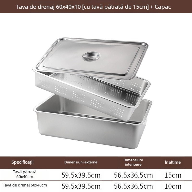 Tavă pătrată cu fund plat din oțel inoxidabil, tavă dreptunghiulară comercială, adâncire, perforare, bazin pătrat, bazin de scurgere, costum, bazin pentru legume prăjite