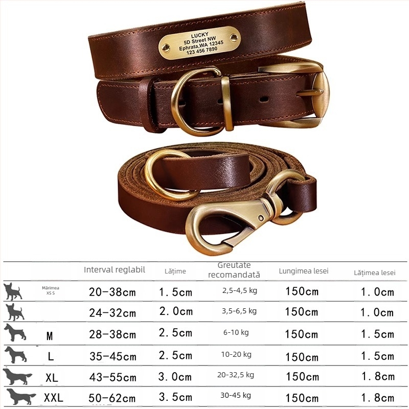 Zgarda pentru câini de companie, coarda de tracțiune din piele de vacă, gravare de marcă, anti-pierdere, Golden Retriever, inel de gât pentru câini de talie medie și mare