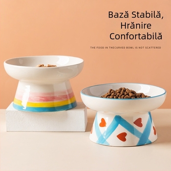 Bol ceramic pentru pisici, stil Ins, cu gât înalt, protecție pentru gură înclinată, bol pentru câini, bol pentru hrană, bol pentru băut, anti-șoc peste bolul pentru orez pentru animale de companie