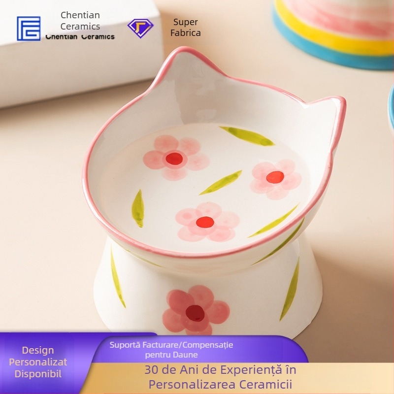Bol ceramic pentru pisici, stil Ins, cu gât înalt, protecție pentru gură înclinată, bol pentru câini, bol pentru hrană, bol pentru băut, anti-șoc peste bolul pentru orez pentru animale de companie