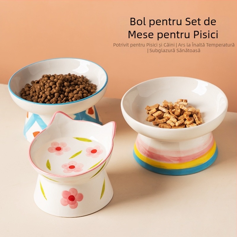 Bol ceramic pentru pisici, stil Ins, cu gât înalt, protecție pentru gură înclinată, bol pentru câini, bol pentru hrană, bol pentru băut, anti-șoc peste bolul pentru orez pentru animale de companie