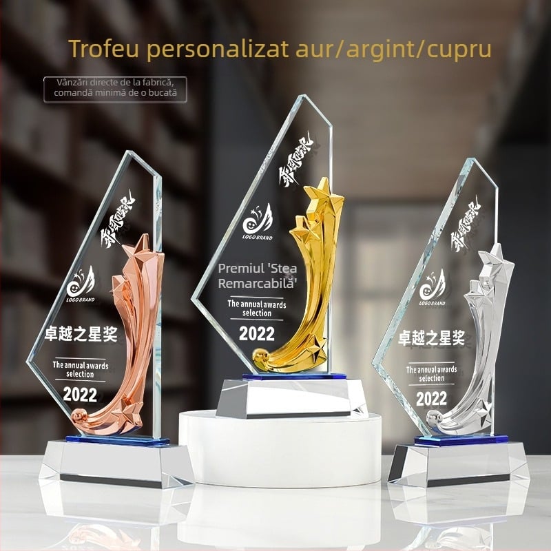 Trofeu de cristal, trofeu metalic, stea creativă cu cinci colțuri, elegantă, excelentă pentru personal, card de premiere pentru campioni