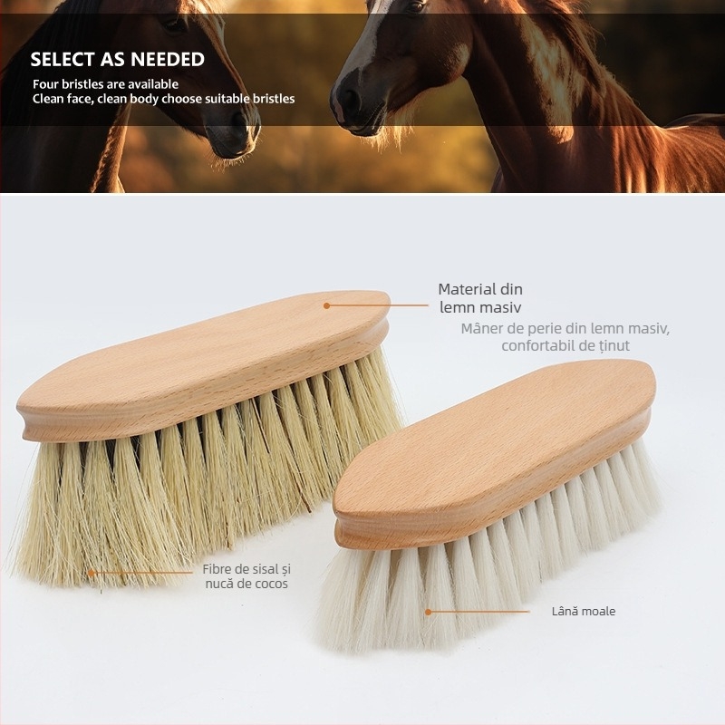 Articole pentru cai, Perie de curățat cai, Perie din lână, Perie din sisal cu palmier de cocos, Perie de curățat baie din lemn masiv, Perie pentru cai