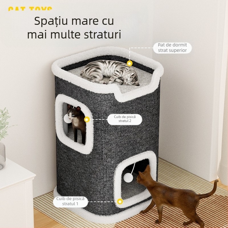 Cuib de pisică, cadru de cățărat pentru pisici, copac pentru pisici, placă de zgârietură pentru pisici integrată, patru anotimpuri, universal, cald, de iarnă, semi-închis, butoi din sisal, strat dublu, cuib de pisică