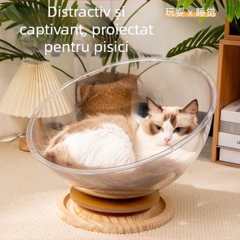 Capsulă spațială cu disc rotativ pentru pisici, cuib de pisică acrilic transparent, ventilație deschisă, impermeabil și rezistent la umiditate, spațiu mare pentru patru anotimpuri