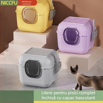 Litiera pentru pisici cu rabat, complet închisă, anti-stropire, litiera pentru pisici supradimensionată, toaletă pentru animale de companie, cu racord frontal, pentru pisici