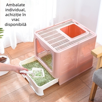 Litiera pliabilă din oțel inoxidabil, cu deschidere spre exterior, rezistentă la stropire, complet închisă, pentru toaletă pentru pisici, cu sertar mare