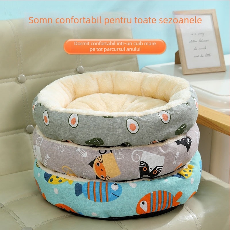 Cuib rotund din bumbac și in pentru animale de companie, pentru toate anotimpurile, cuib moale, cuib pentru câini, cuib pentru pisici, covoraș pentru animale de companie, pat pentru câini, cușcă, covoraș pentru câini