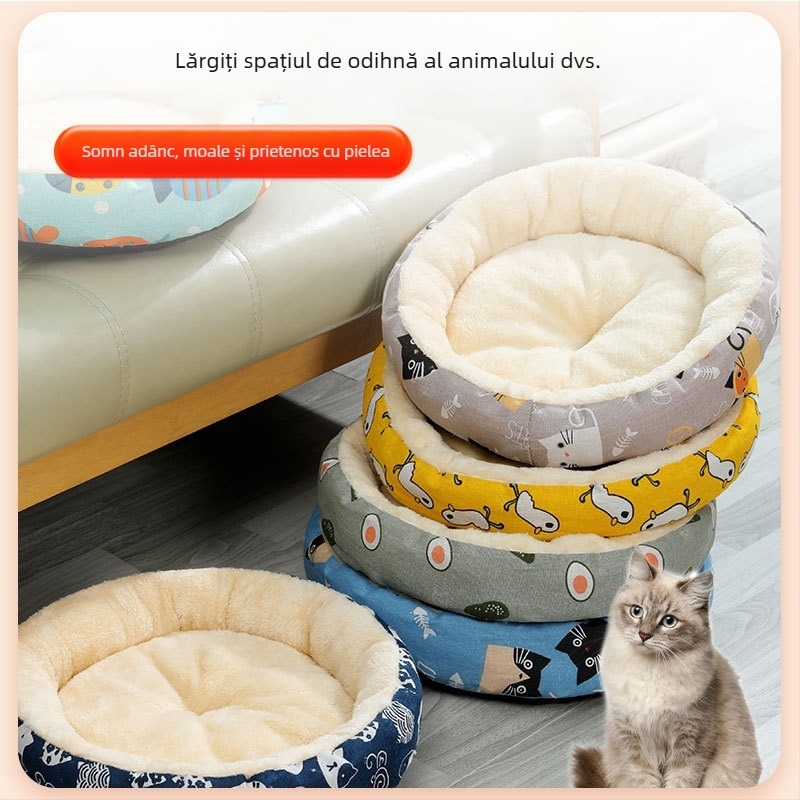 Cuib rotund din bumbac și in pentru animale de companie, pentru toate anotimpurile, cuib moale, cuib pentru câini, cuib pentru pisici, covoraș pentru animale de companie, pat pentru câini, cușcă, covoraș pentru câini