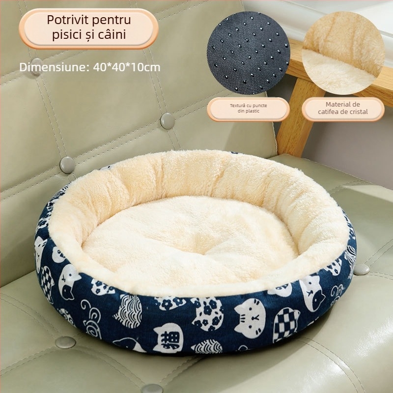 Cuib rotund din bumbac și in pentru animale de companie, pentru toate anotimpurile, cuib moale, cuib pentru câini, cuib pentru pisici, covoraș pentru animale de companie, pat pentru câini, cușcă, covoraș pentru câini