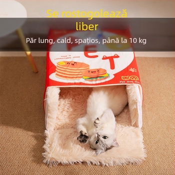 Cuibă de pisică, cu gustări din desene animate, atent selectată, pat dreptunghiular, complet închis, cutie sigură pentru biscuiți, cuib universal pentru animale de companie, pentru patru sezoane