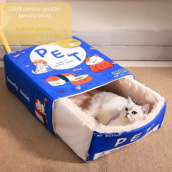 Cuibă de pisică, cu gustări din desene animate, atent selectată, pat dreptunghiular, complet închis, cutie sigură pentru biscuiți, cuib universal pentru animale de companie, pentru patru sezoane
