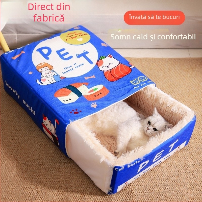 Cuibă de pisică, cu gustări din desene animate, atent selectată, pat dreptunghiular, complet închis, cutie sigură pentru biscuiți, cuib universal pentru animale de companie, pentru patru sezoane