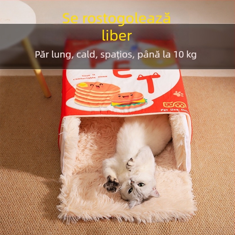 Cuibă de pisică, cu gustări din desene animate, atent selectată, pat dreptunghiular, complet închis, cutie sigură pentru biscuiți, cuib universal pentru animale de companie, pentru patru sezoane