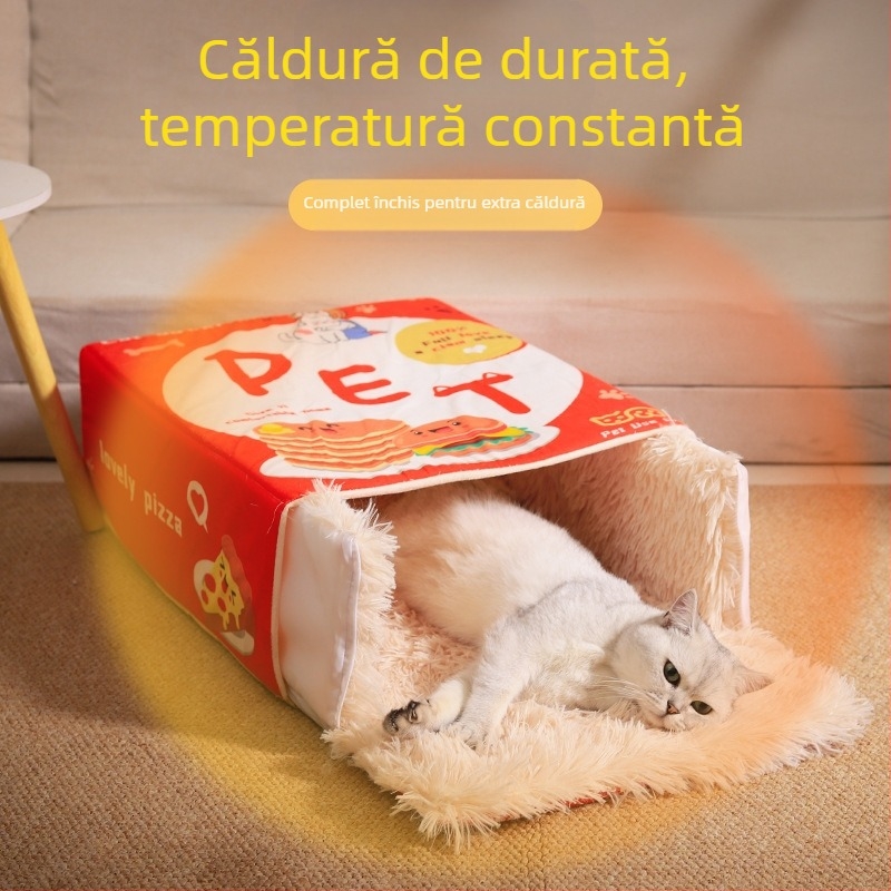Cuibă de pisică, cu gustări din desene animate, atent selectată, pat dreptunghiular, complet închis, cutie sigură pentru biscuiți, cuib universal pentru animale de companie, pentru patru sezoane