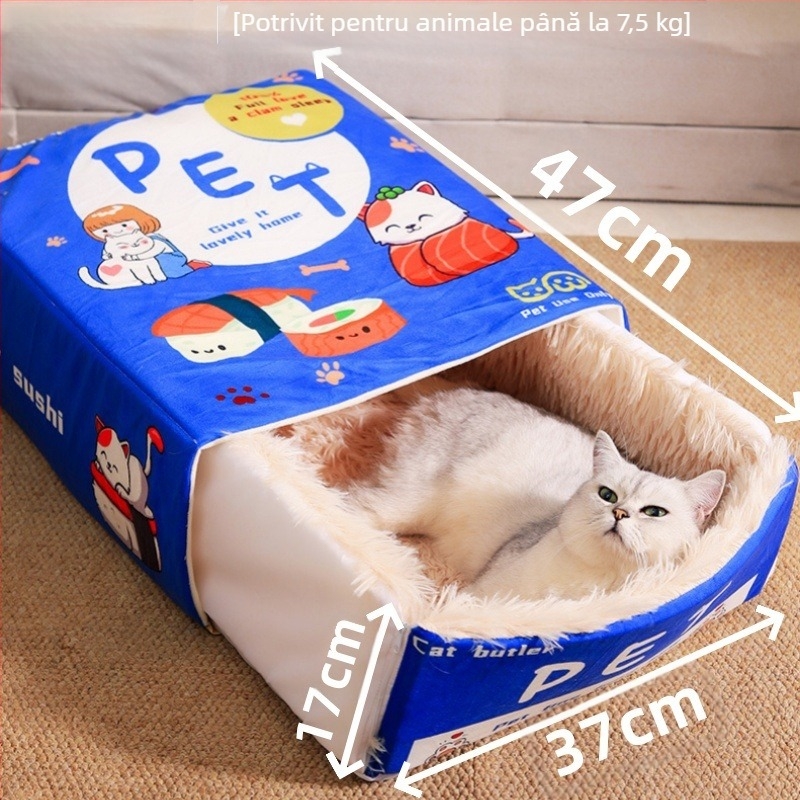 Cuibă de pisică, cu gustări din desene animate, atent selectată, pat dreptunghiular, complet închis, cutie sigură pentru biscuiți, cuib universal pentru animale de companie, pentru patru sezoane