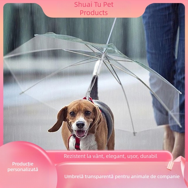 Umbrelă transparentă pentru animale de companie, pentru plimbarea câinilor în zilele ploioase, portabilă și rezistentă la ploaie, umbrelă pentru animale de companie cu lesă și pisici