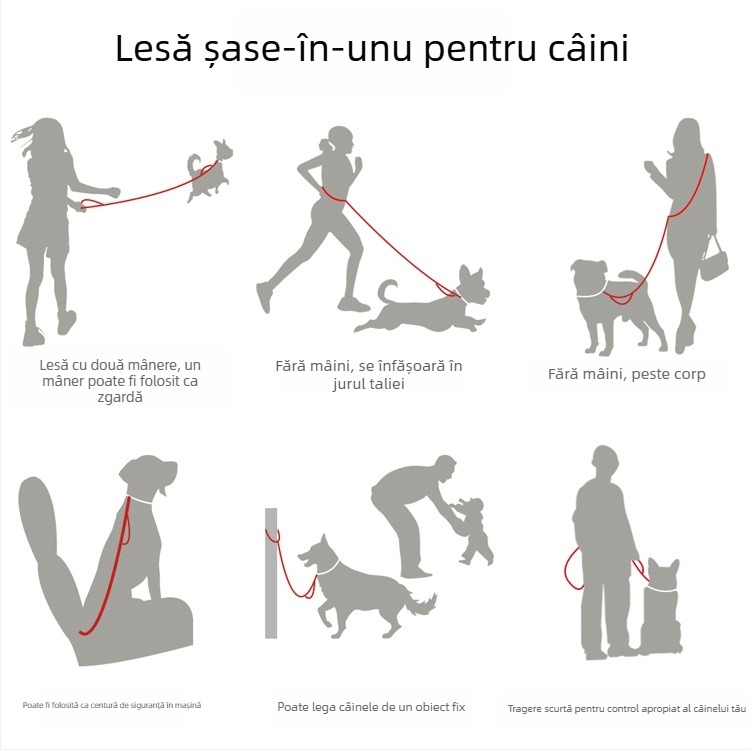 Articole recomandate pentru animale de companie, Lesă auto pentru alergare, Lesă pentru câini șase în unu, Centură de siguranță pentru câini din nailon anti-rupere