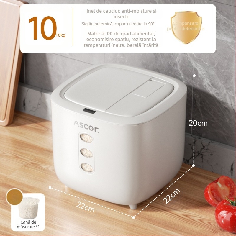 Găleată de orez, sigilată, rezistentă la insecte și umiditate, 10 kg, elegantă, rezervor de depozitare a făinii de calitate alimentară, cutie cilindrică pentru orez, depozitare a tăițeilor de orez