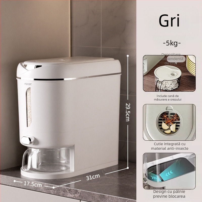 Găleată de orez, sigilată, rezistentă la insecte și umiditate, 10 kg, elegantă, rezervor de depozitare a făinii de calitate alimentară, cutie cilindrică pentru orez, depozitare a tăițeilor de orez