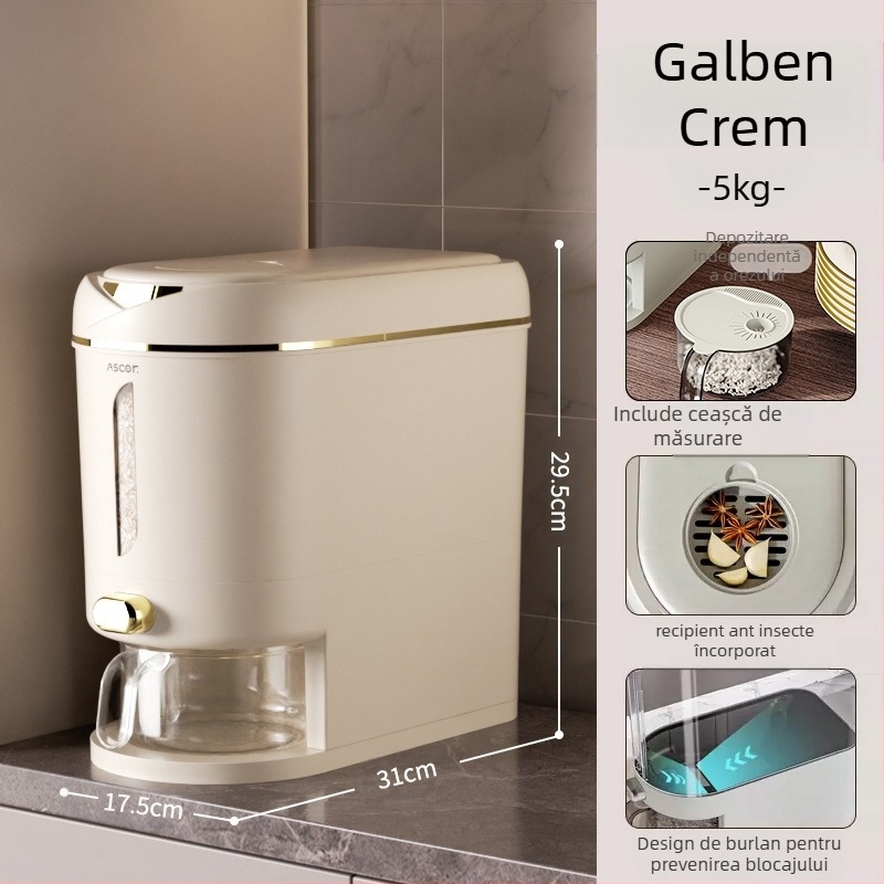 Găleată de orez, sigilată, rezistentă la insecte și umiditate, 10 kg, elegantă, rezervor de depozitare a făinii de calitate alimentară, cutie cilindrică pentru orez, depozitare a tăițeilor de orez