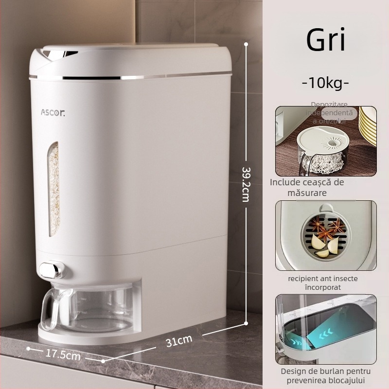 Găleată de orez, sigilată, rezistentă la insecte și umiditate, 10 kg, elegantă, rezervor de depozitare a făinii de calitate alimentară, cutie cilindrică pentru orez, depozitare a tăițeilor de orez