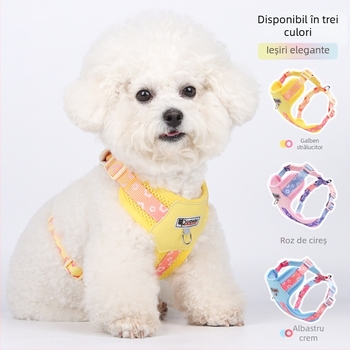 Curea de piept pentru câini de talie mică și medie, Bichon, cu contrast de dopamină, pentru piept de câine, spate, în aer liber, plimbări cu câini, respirabilă, pentru cățeluș