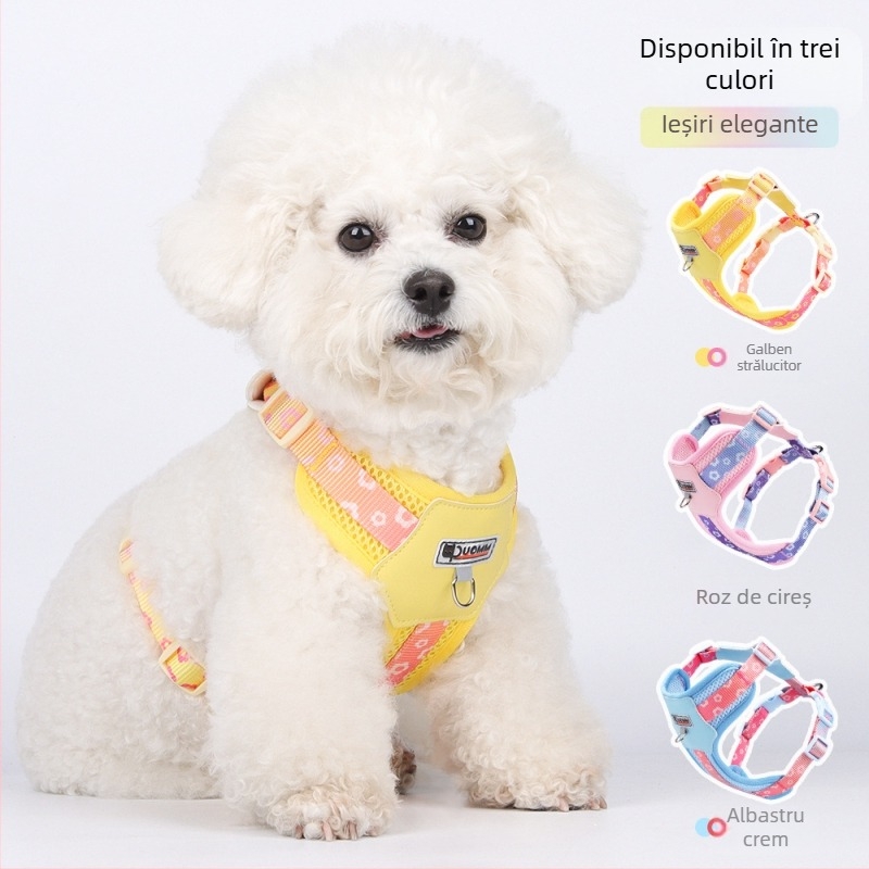 Curea de piept pentru câini de talie mică și medie, Bichon, cu contrast de dopamină, pentru piept de câine, spate, în aer liber, plimbări cu câini, respirabilă, pentru cățeluș