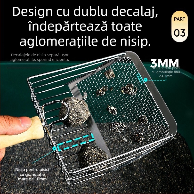 Lopată pentru așternut pentru pisici, lopată cu gaură fină, lopată mare din oțel inoxidabil pentru pisici, lopată cu bentonită, artefact pentru așternut pentru pisici