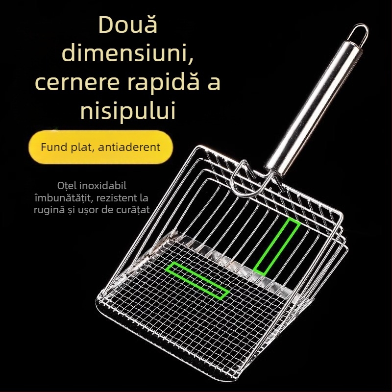 Lopată pentru așternut pentru pisici, lopată cu gaură fină, lopată mare din oțel inoxidabil pentru pisici, lopată cu bentonită, artefact pentru așternut pentru pisici