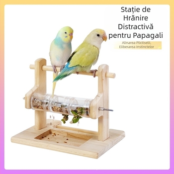 Papagal stație de hrănire din lemn masiv, suport pentru gheare de măcinare, cioc de măcinare, rezistent la mușcături, tijă acrilică transparentă, cutie alimentară distractivă, papagal, jucărie