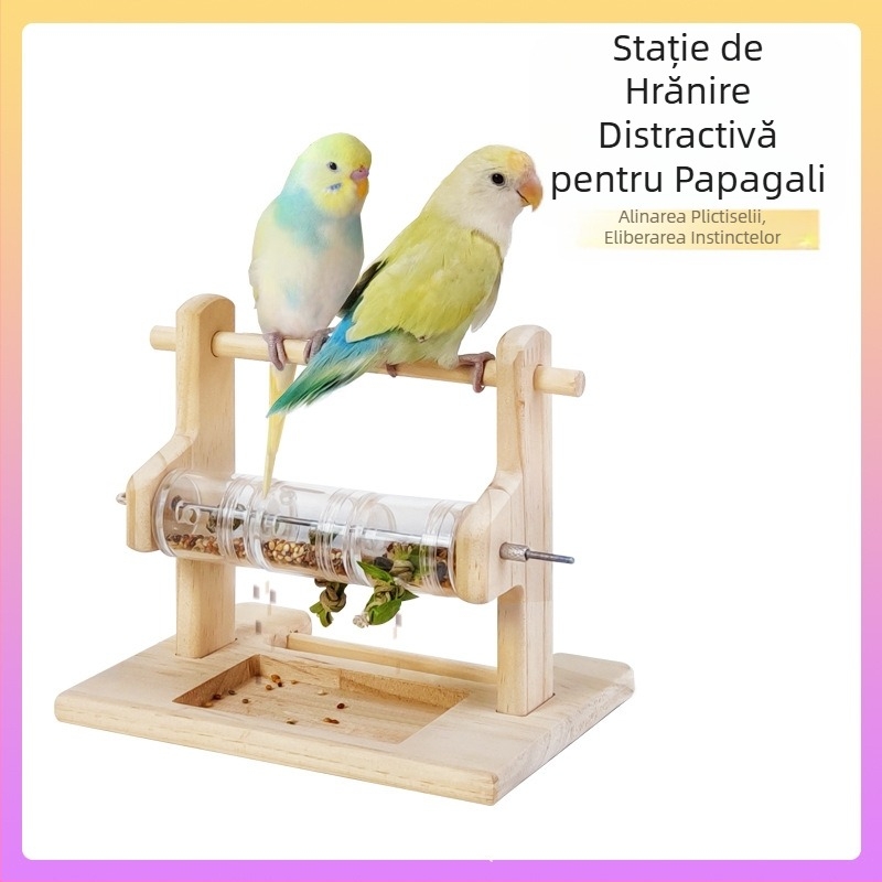 Papagal stație de hrănire din lemn masiv, suport pentru gheare de măcinare, cioc de măcinare, rezistent la mușcături, tijă acrilică transparentă, cutie alimentară distractivă, papagal, jucărie
