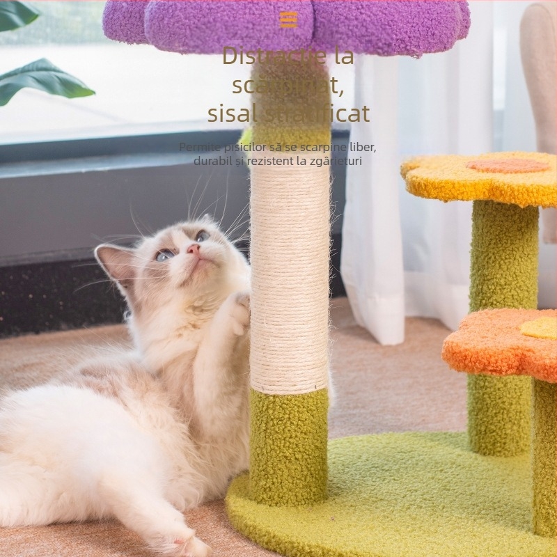Cuib de pisică cu flori, suport pentru cățărat, copac pentru pisici integrat, coloană universală mică, coloană din sisal pentru pisici, suport pentru pisici