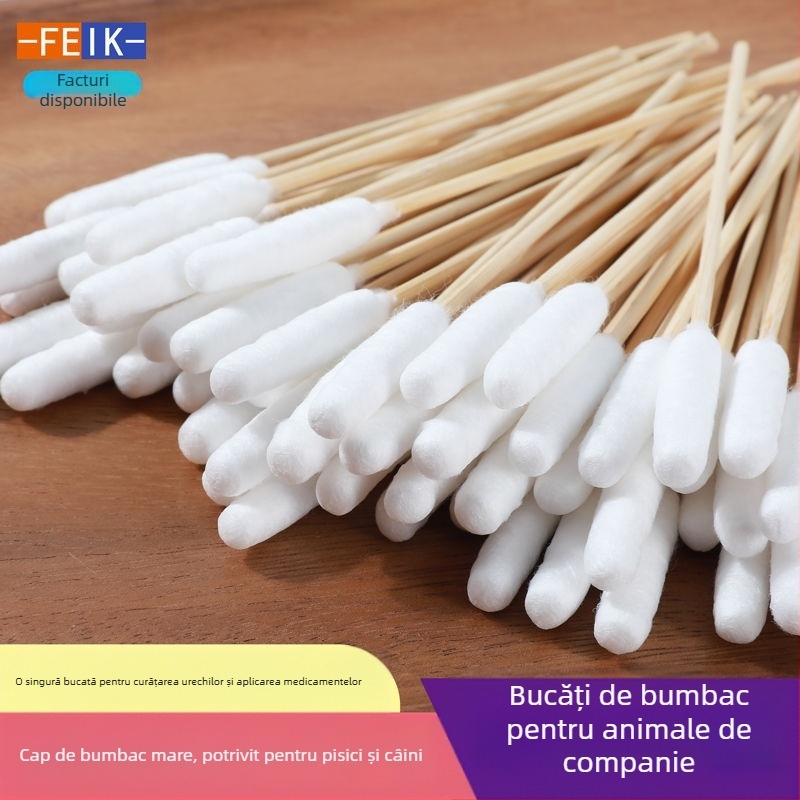 Bețișor de bumbac pentru animale de companie, bețișor de bumbac pentru pisici și câini, universal pentru curățarea pielii urechii, medicament pentru curățarea anală, bețișor de bumbac cu dublă utilizare, cap extra mare de bumbac, bambus