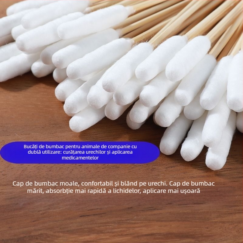 Bețișor de bumbac pentru animale de companie, bețișor de bumbac pentru pisici și câini, universal pentru curățarea pielii urechii, medicament pentru curățarea anală, bețișor de bumbac cu dublă utilizare, cap extra mare de bumbac, bambus