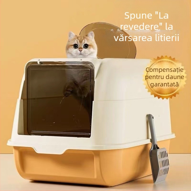 Litiera mare pentru pisici, complet închisă, tip sertar supradimensionat, rezistentă la mirosuri, rezistentă la stropire, cu intrare superioară pentru pisici