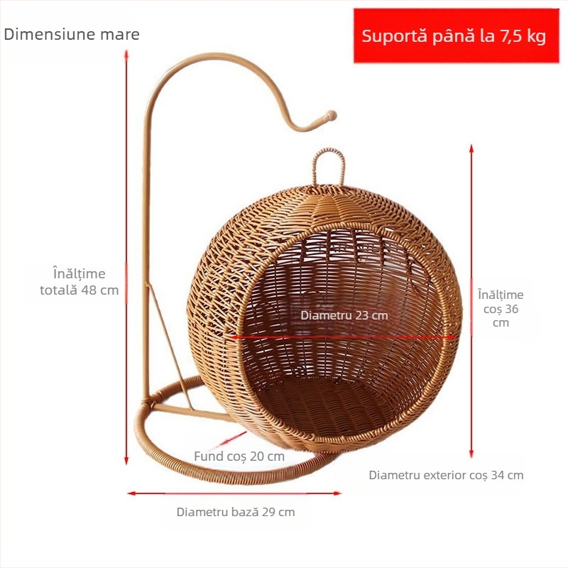 Coș de depozitare țesut manual din imitație de ratan, coș rotund agățat, coș de depozitare pentru casă, sufragerie, gustări de fructe, coș de picnic, cuib de pisică