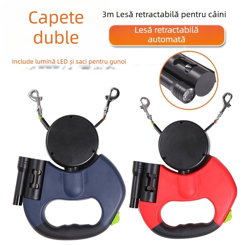 Frânghie de tracțiune cu două capete Lanț dublu pentru câini O frânghie de tracțiune cu două capete anti-încurcare pentru câini Frânghie de tracțiune pentru câini retractabilă automată pentru câini de talie mică