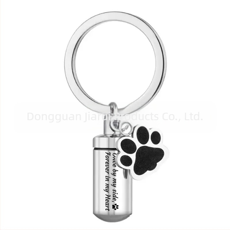 Breloc cilindric din oțel inoxidabil pentru cenușă de animale de companie, sticlă cu gheare pentru câini